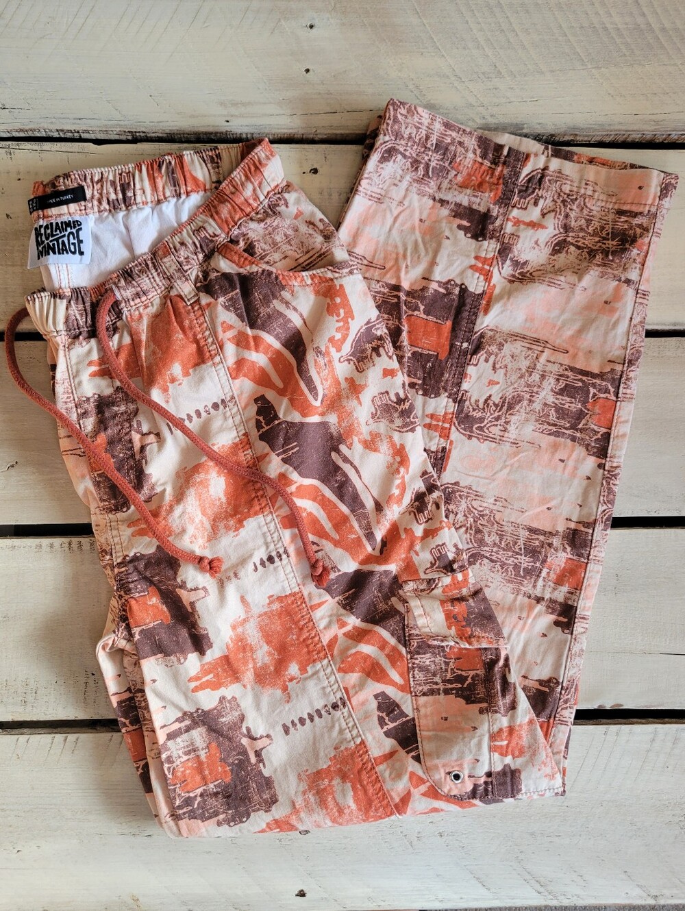 Reclaimed Vintage Elastic Waist Pants in Peach & Brown Print Sz 4
